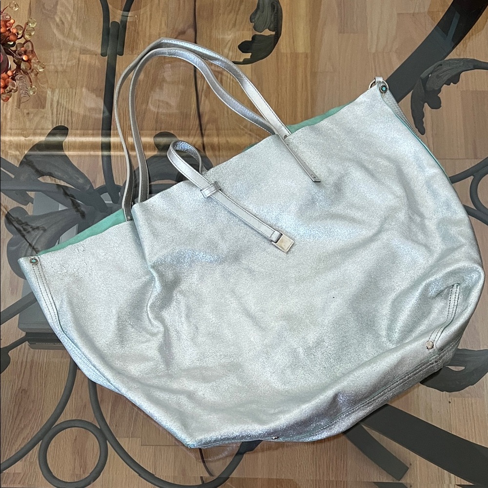Tiffany & Co Large Silver Metallic Tote Bag w detatchable Clutch